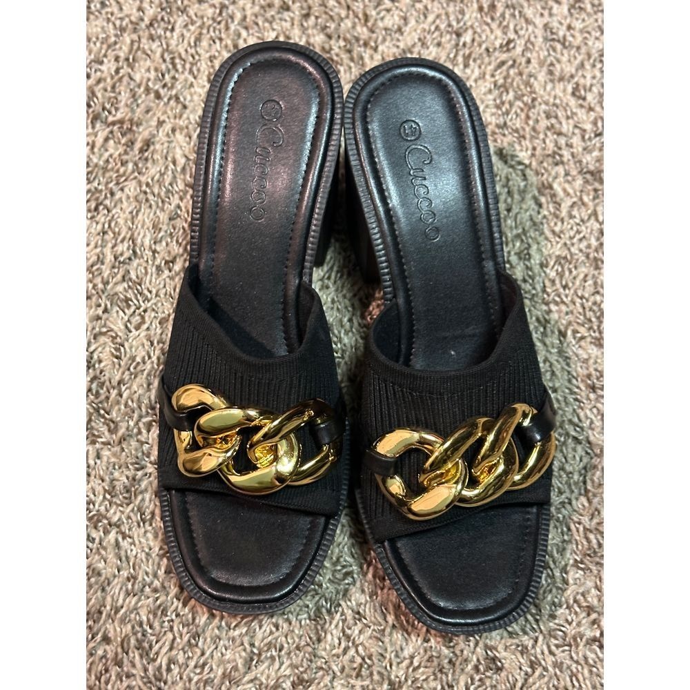 CUCCOO Black Slide Sandals with Gold Chain Detail Luxury Summer Footwear